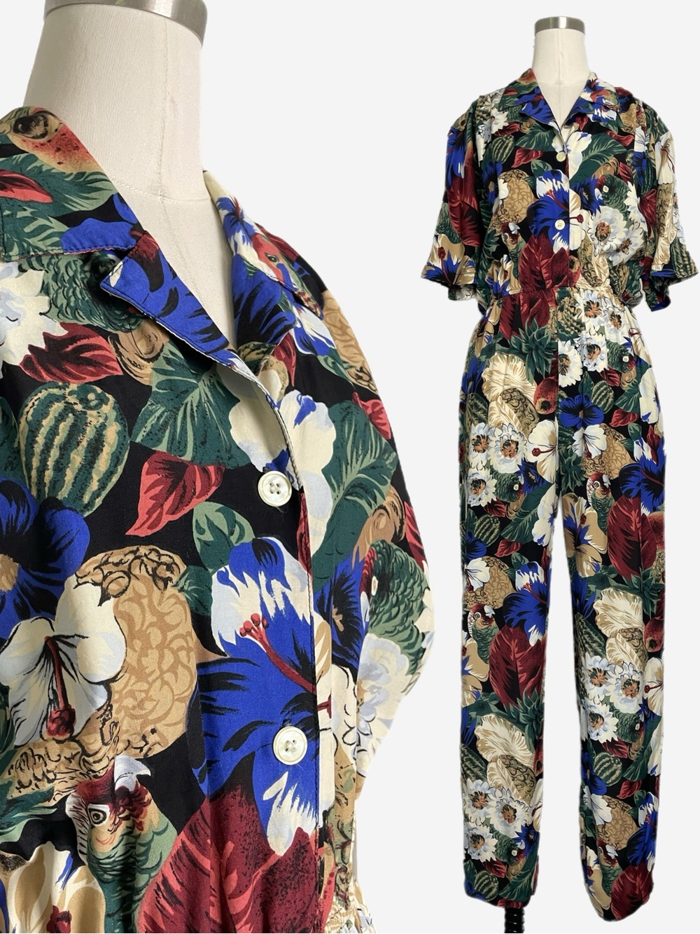 Vintage 90s Carol Anderson Beige tropical floral parrot short sleeve jumpsuit M